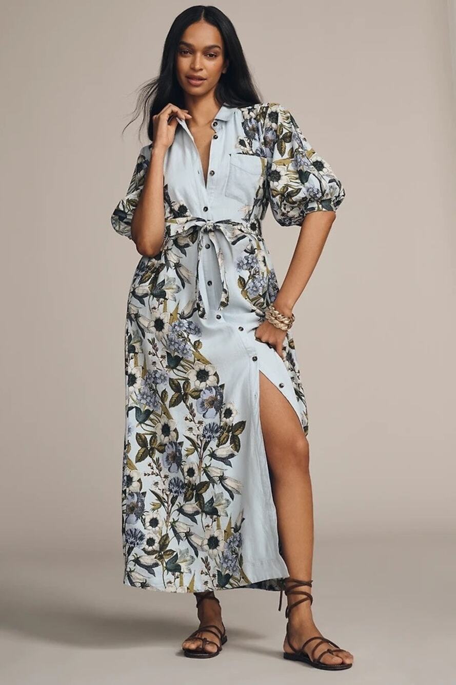 ANTHROPOLOGIE MAEVE sz XL The Mona linen maxi dress in blue floral motif EUC